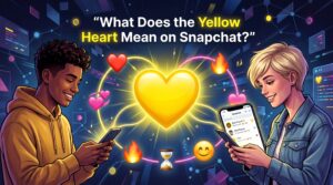 Large yellow heart emoji connected with Snapchat friendship emojis and social interaction symbols on a smartphone screen