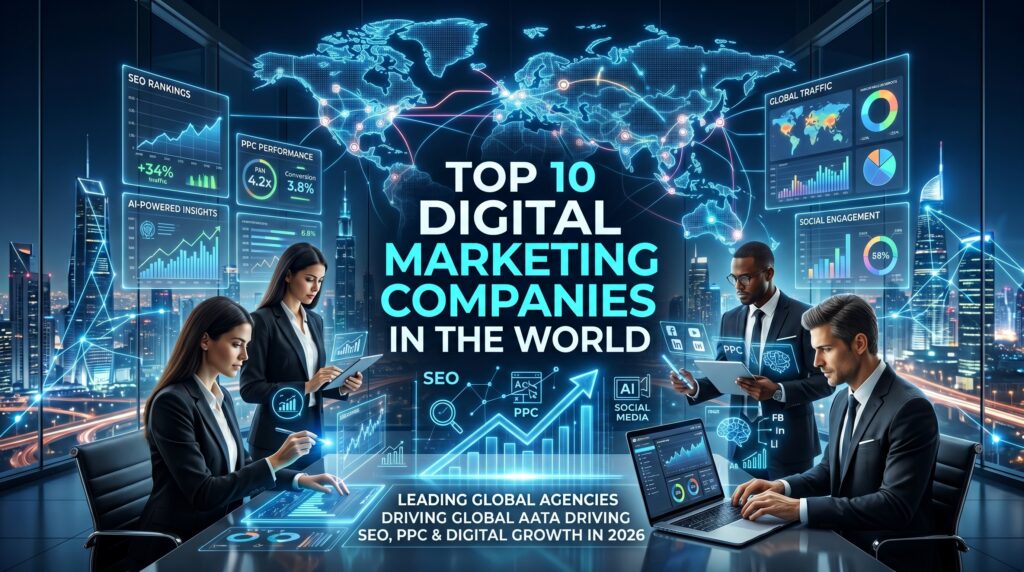Top 10 digital marketing companies in the world showing SEO growth analytics, AI marketing dashboards, and global business expansion in 2026