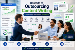 Business collaboration showing outsourcing content writing benefits for SEO growth