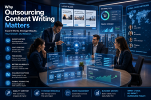 Digital marketing team analyzing outsourced content strategy with SEO dashboards