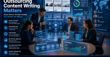 Digital marketing team analyzing outsourced content strategy with SEO dashboards