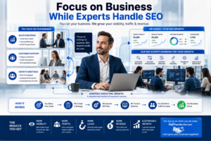 Business owner focusing on company growth while SEO experts handle optimization