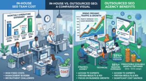 Comparison of in-house SEO costs versus outsourced SEO agency benefits