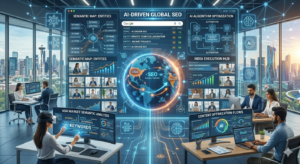 Futuristic SEO outsourcing with AI search engines and global digital teams