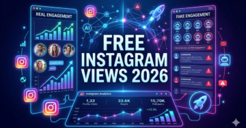 Instagram analytics dashboard showing free Instagram views 2026 concept with real vs fake engagement comparison