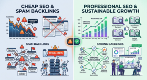 Comparison between high-quality SEO strategy and low-cost spam SEO tactics showing risk and penalty warnings
