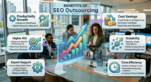 Infographic showing cost savings and scalability benefits of SEO outsourcing