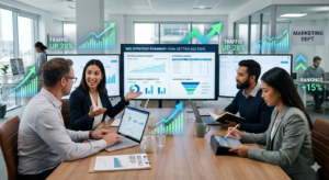 Business team defining SEO goals with charts, target audience analysis, and marketing strategy planning