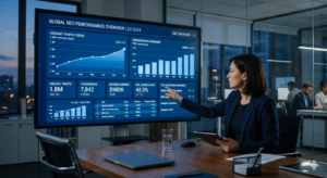 SEO analytics dashboard showing organic traffic, conversions, ROI, and performance tracking metrics