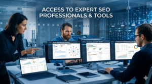 SEO professionals using analytics tools keyword research backlink analysis dashboard