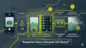 Timeline showing Snapchat story lifecycle from upload to view count and automatic disappearance after 24 hours