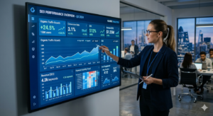 SEO performance dashboard showing organic traffic growth, conversions, ROI metrics, and business analytics