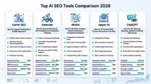 Comparison chart of top AI SEO tools in 2026 including Surfer SEO, Semrush, Ahrefs, Jasper AI, and ChatGPT showing features, strengths, and SEO use cases