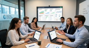 SEO team sharing reports and analytics dashboards showing transparent communication and performance tracking