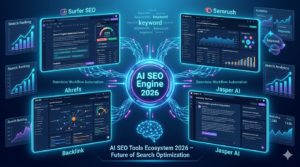 AI SEO ecosystem 2026 showing Surfer SEO, Semrush, Ahrefs, Jasper AI, and ChatGPT connected in a futuristic SEO automation dashboard