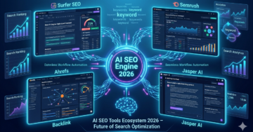 AI SEO ecosystem 2026 showing Surfer SEO, Semrush, Ahrefs, Jasper AI, and ChatGPT connected in a futuristic SEO automation dashboard