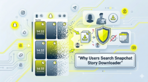 Illustration showing Snapchat story being saved before disappearing with timer countdown and restricted download icon