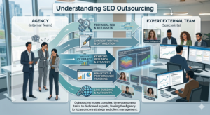 SEO outsourcing process showing agency collaboration with external specialists