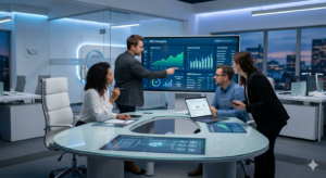 Professional SEO outsourcing strategy planning with analytics dashboard and digital marketing teamwork