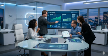 Professional SEO outsourcing strategy planning with analytics dashboard and digital marketing teamwork