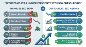 SEO outsourcing cost savings comparison in-house team vs agency digital marketing infographic