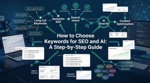 SEO and AI keyword research strategy banner with blog title and keyword analysis visuals