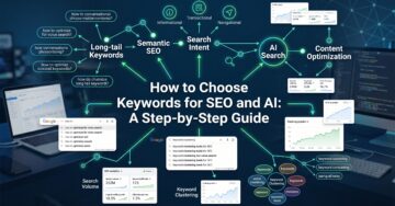 SEO and AI keyword research strategy banner with blog title and keyword analysis visuals