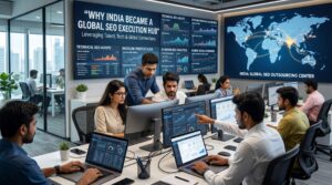 Indian SEO professionals managing global SEO campaigns and AI-powered search optimization for international businesses