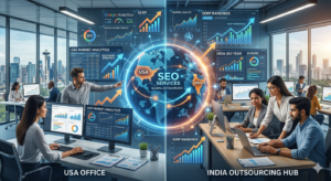 Comparison of SEO outsourcing services between USA and India with digital global connection