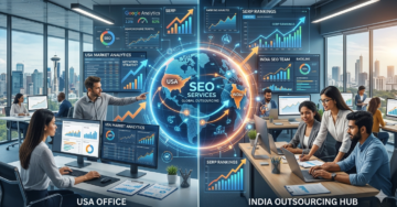 Comparison of SEO outsourcing services between USA and India with digital global connection