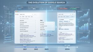 Comparison of FAQ rich results decline and modern AI search interface in Google SERP evolution (Google Removes FAQ Rich Results)