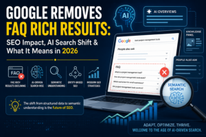 Google removes FAQ rich results illustration showing AI-driven search and semantic SEO evolution in 2026