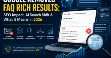 Google removes FAQ rich results illustration showing AI-driven search and semantic SEO evolution in 2026