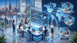 Business team collaborating with SEO experts using digital dashboards and analytics