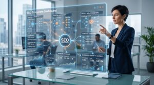 SEO strategy dashboard showing entity SEO, topical authority, AI overviews, and modern search features