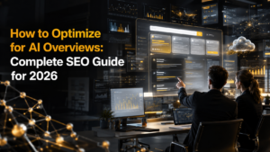Premium illustration showing AI Overviews, SEO optimization workflow, search analytics dashboards, and Google AI search strategy for 2026.