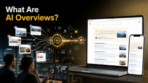 Illustration explaining Google AI Overviews combining information from multiple trusted websites into AI-generated answers.