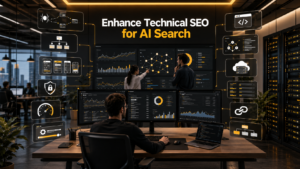 Technical SEO illustration showing Core Web Vitals, structured data, indexing, page speed, and website optimization.