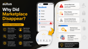 Illustration showing Facebook Marketplace restrictions, account warnings, policy violations, and eligibility checks.