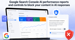 AI-powered Google Search Console dashboard showing performance reports and AI content controls