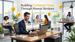 Business illustration showing companies building customer trust through honest online reviews.