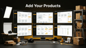 Amazon product listing dashboard with inventory, photography equipment, and warehouse tools.