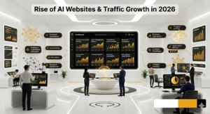 AI website traffic growth infographic showing increasing adoption of artificial intelligence tools and platforms.
