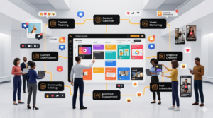 Social media content strategy planning and audience engagement workflow.