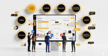 Complete social media management ecosystem showing content planning engagement analytics and strategy workflow.