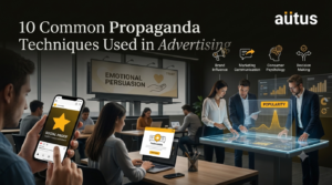 Professional illustration showing major propaganda techniques used in advertising influencing consumer behavior through digital marketing, social proof, testimonials, emotions, and branding.