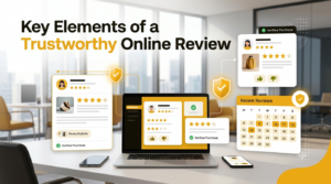 Illustration showing the main factors that make online reviews trustworthy.