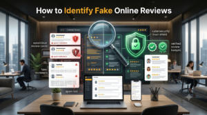 Illustration highlighting common warning signs of fake online reviews.