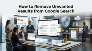 Premium illustration showing the process of removing unwanted Google search results through SEO, reputation management, and search visibility improvement.