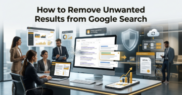 Premium illustration showing the process of removing unwanted Google search results through SEO, reputation management, and search visibility improvement.